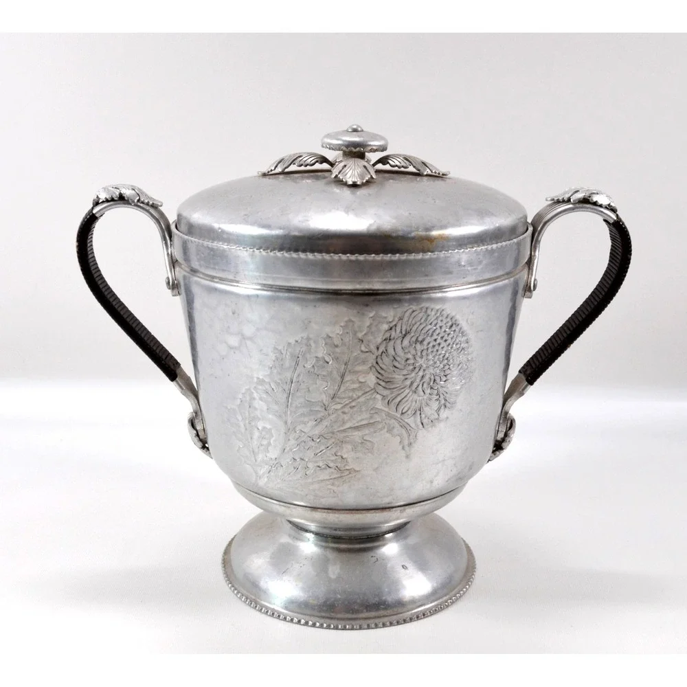 Vtg Continental Silverlook Hand Wrought Hammered Ice Bucket Tongs Decorative Lid